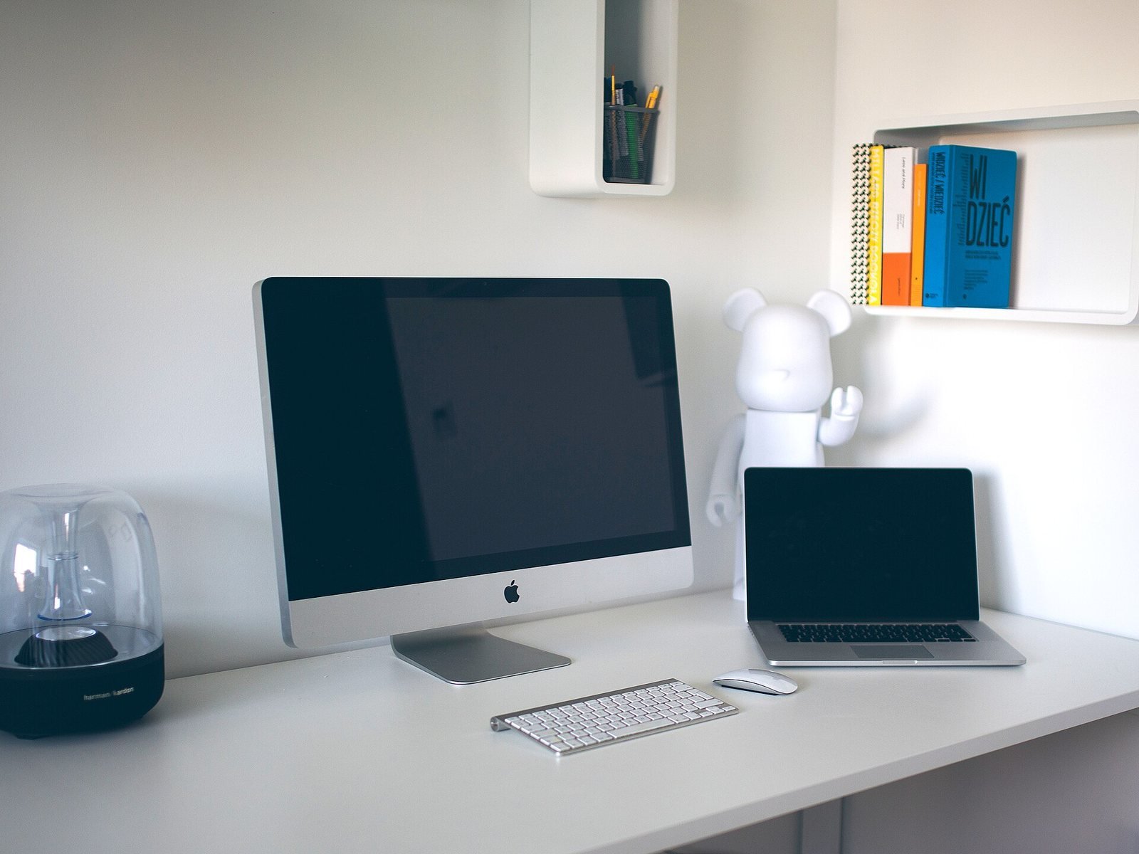 A desk with computers